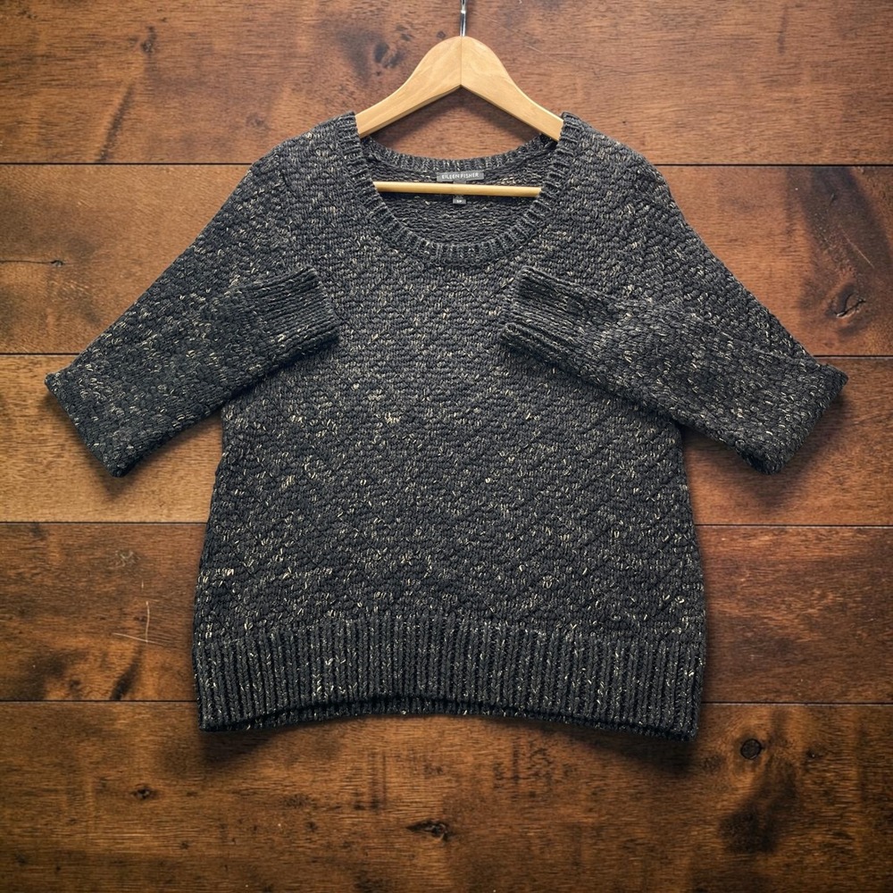 Eileen Fisher Italian Yarn Cotton Linen Short Sleeve Marled Sweater Small Black